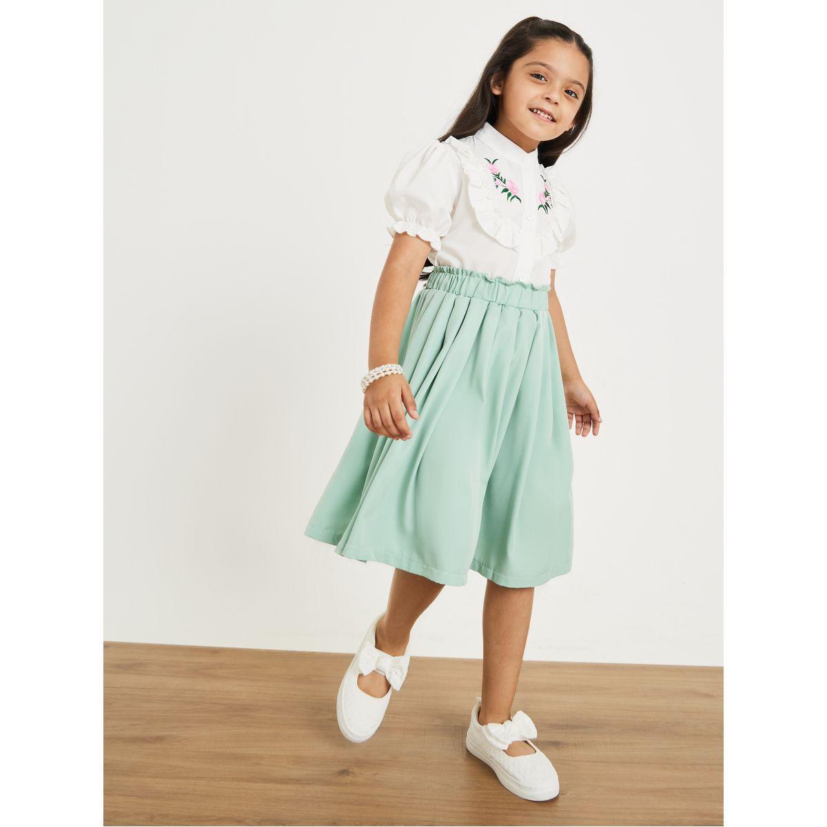 Styli Floral Embroidered Ruffle Detail Top & Pleated Skirt Set-girls-clothing-setsandcoords-image-1