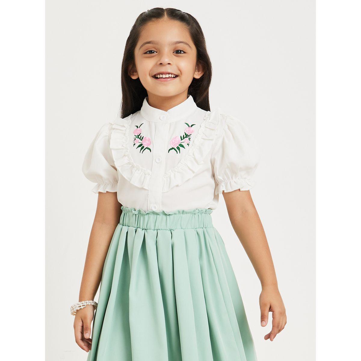 Styli Floral Embroidered Ruffle Detail Top & Pleated Skirt Set-girls-clothing-setsandcoords-image-2