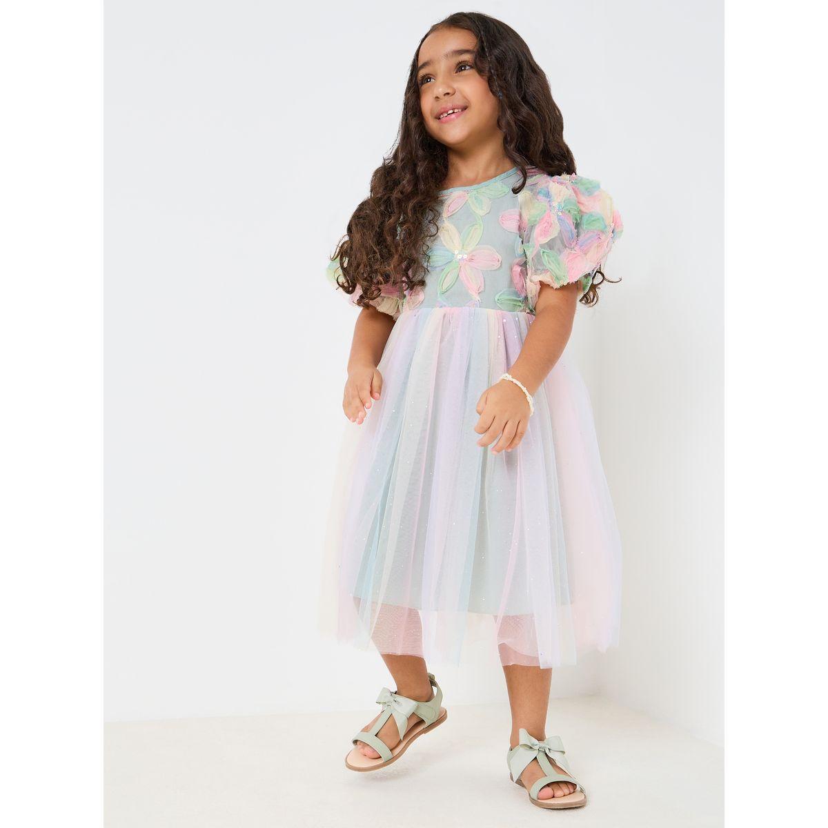 Styli Texture Floral Mesh Insert Dress -girls-clothing-dressesandjumpsuits-image-1