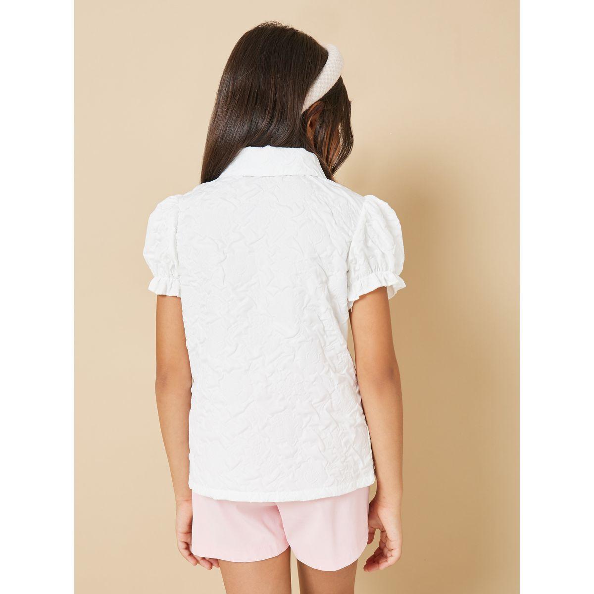 Styli Jacquard Textured Puff Sleeves Bow Front Shirt-girls-clothing-blousesandshirts-image-5