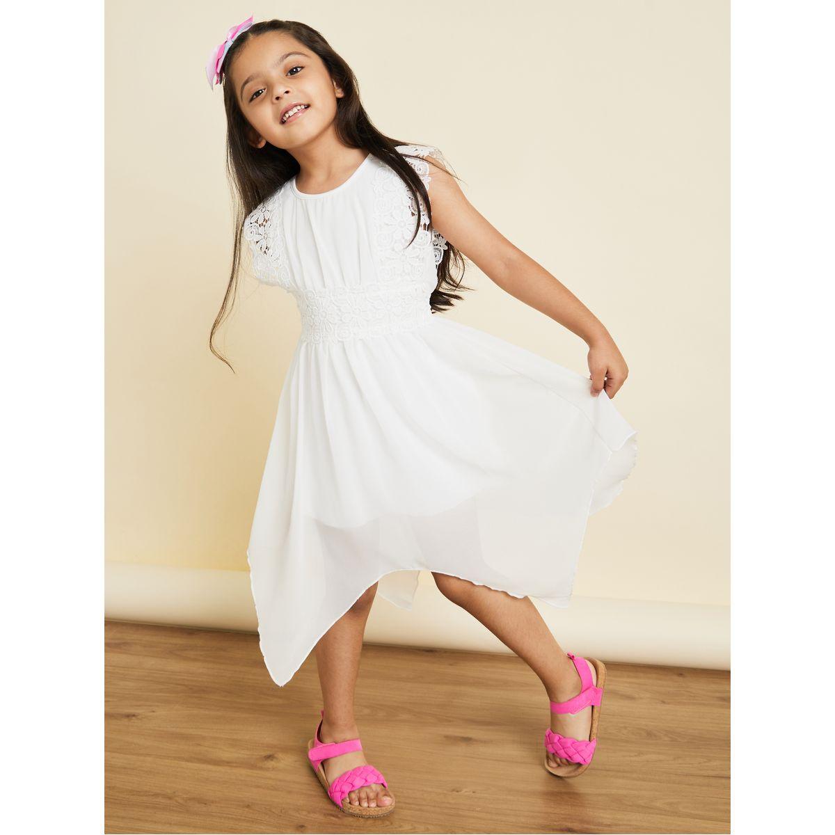 Styli Solid Mesh Hem Ruffle Lace Detail Sleeve Dress-girls-clothing-dressesandjumpsuits-image-1