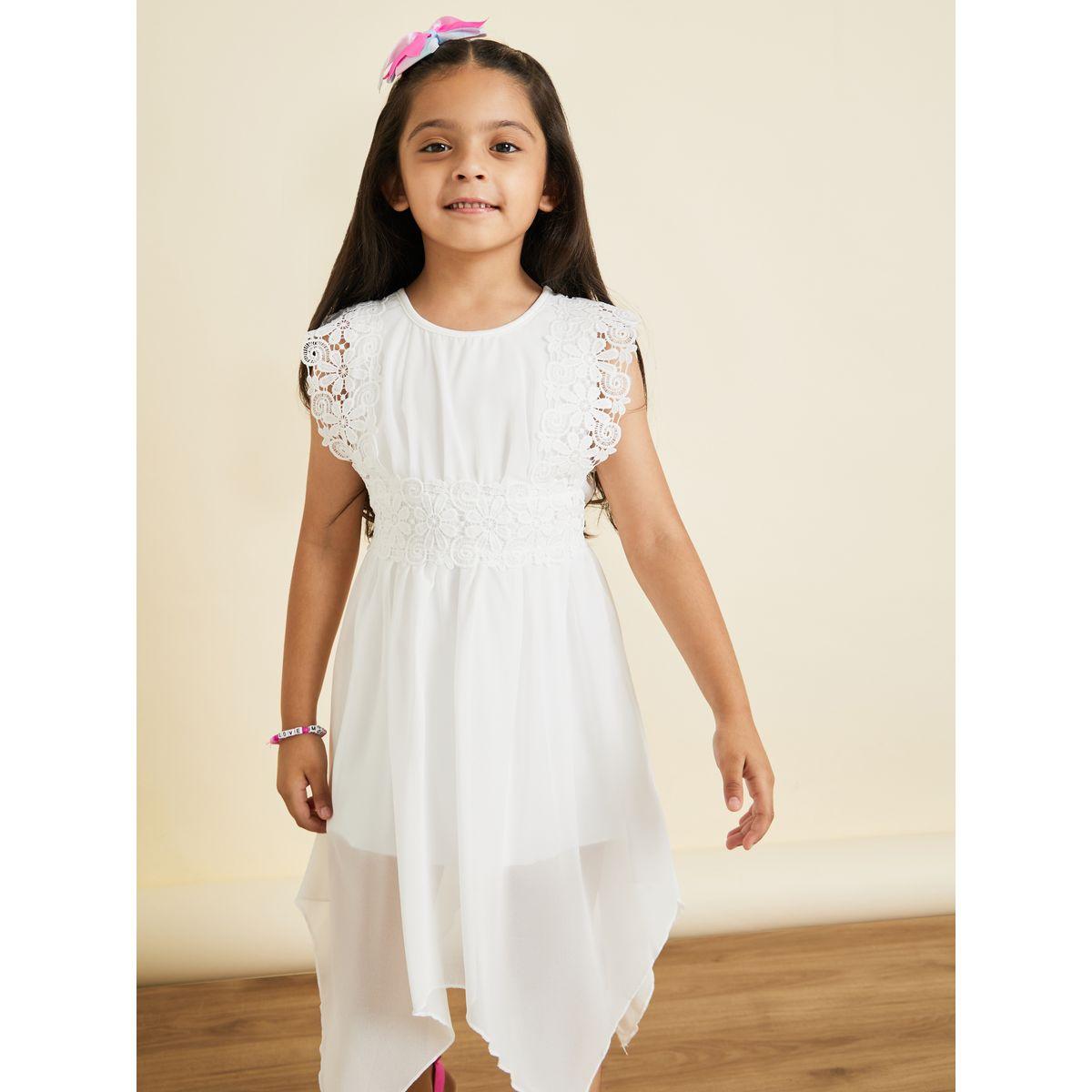 Styli Solid Mesh Hem Ruffle Lace Detail Sleeve Dress-girls-clothing-dressesandjumpsuits-image-2
