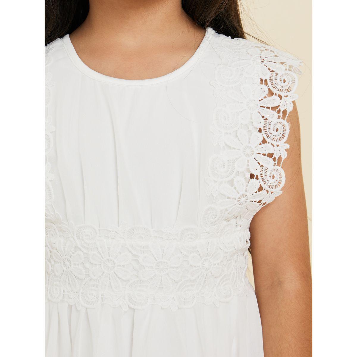 Styli Solid Mesh Hem Ruffle Lace Detail Sleeve Dress-girls-clothing-dressesandjumpsuits-image-3