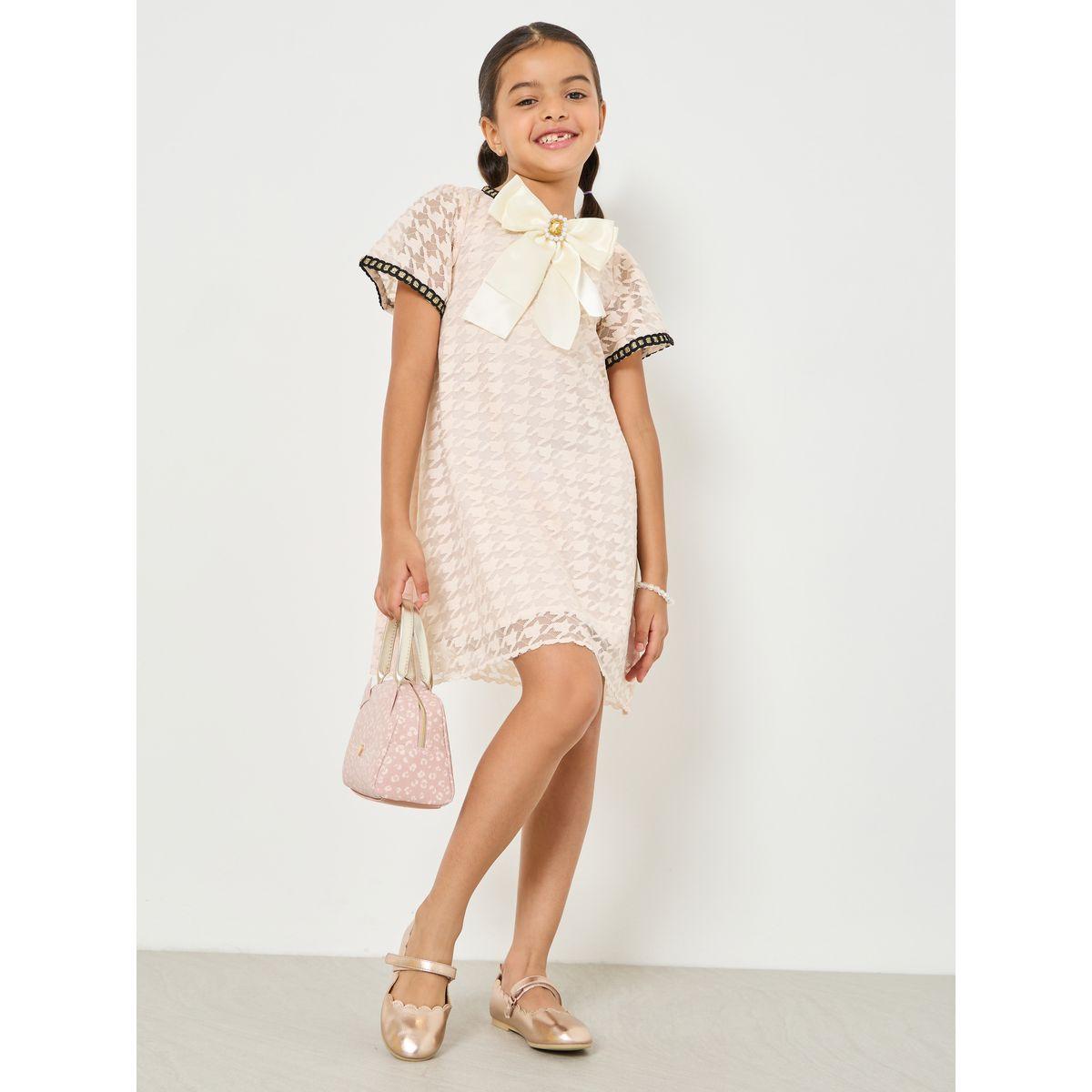 Styli Houndstooth Pattern Bow Detail Casual Dress-girls-clothing-dressesandjumpsuits-image-1