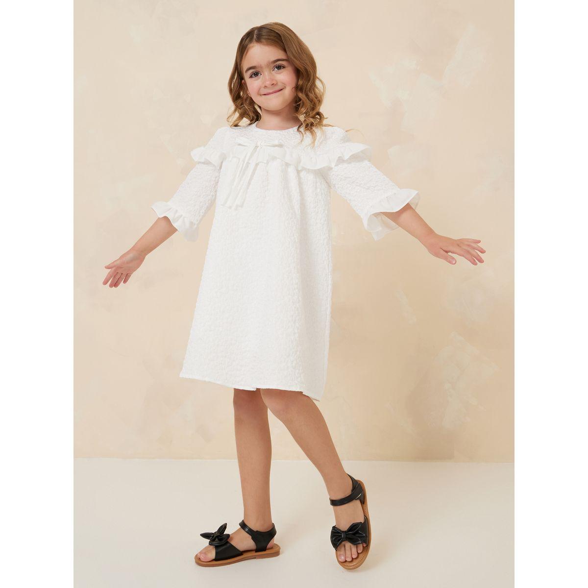 Styli Textured Ruffle Trim Bow Tie Knee Length Dress-girls-clothing-dressesandjumpsuits-image-1