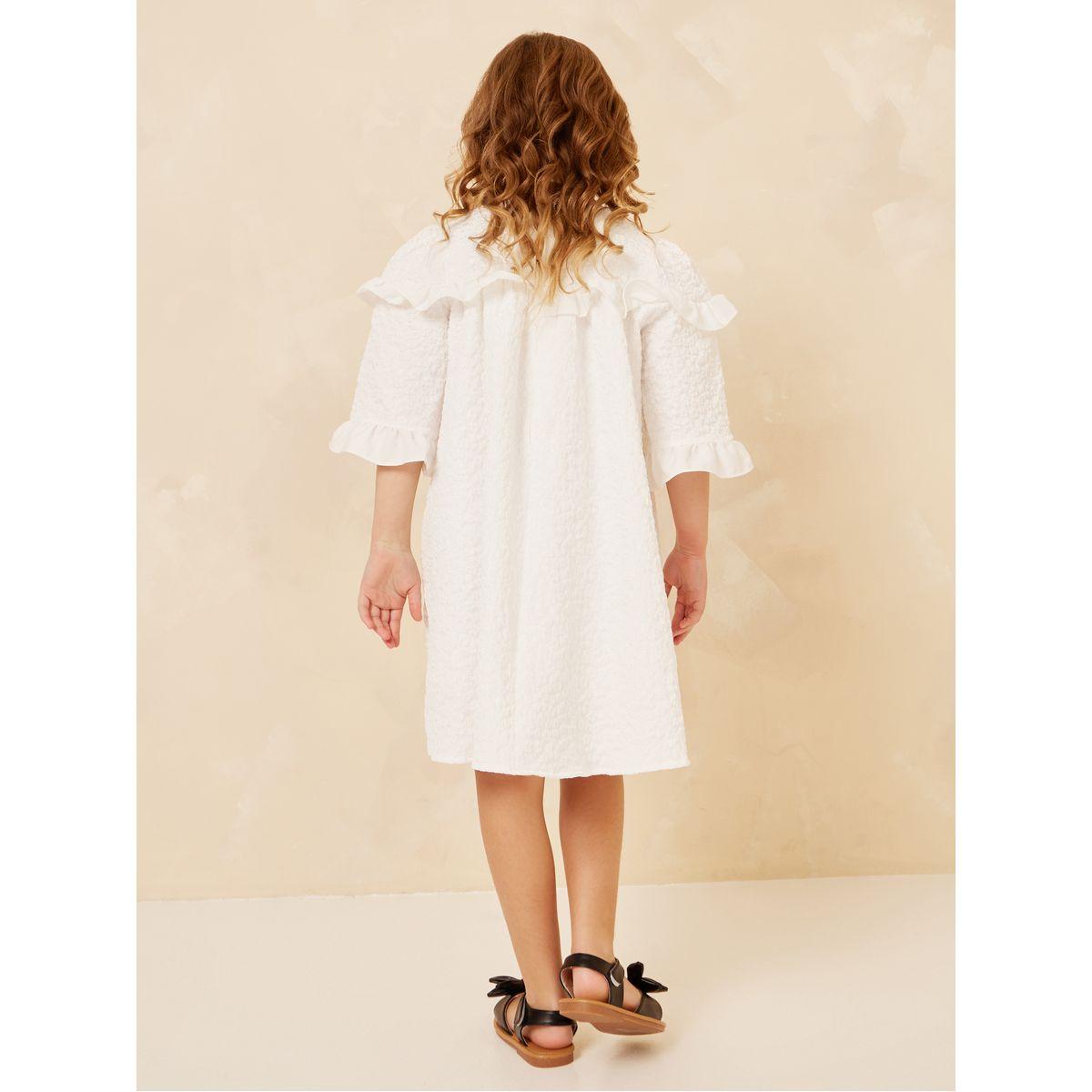Styli Textured Ruffle Trim Bow Tie Knee Length Dress-girls-clothing-dressesandjumpsuits-image-4