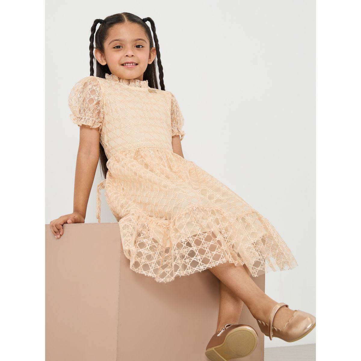 Styli Lace Textured High Neck Puff Sleeve Dress-girls-clothing-dressesandjumpsuits-image-1