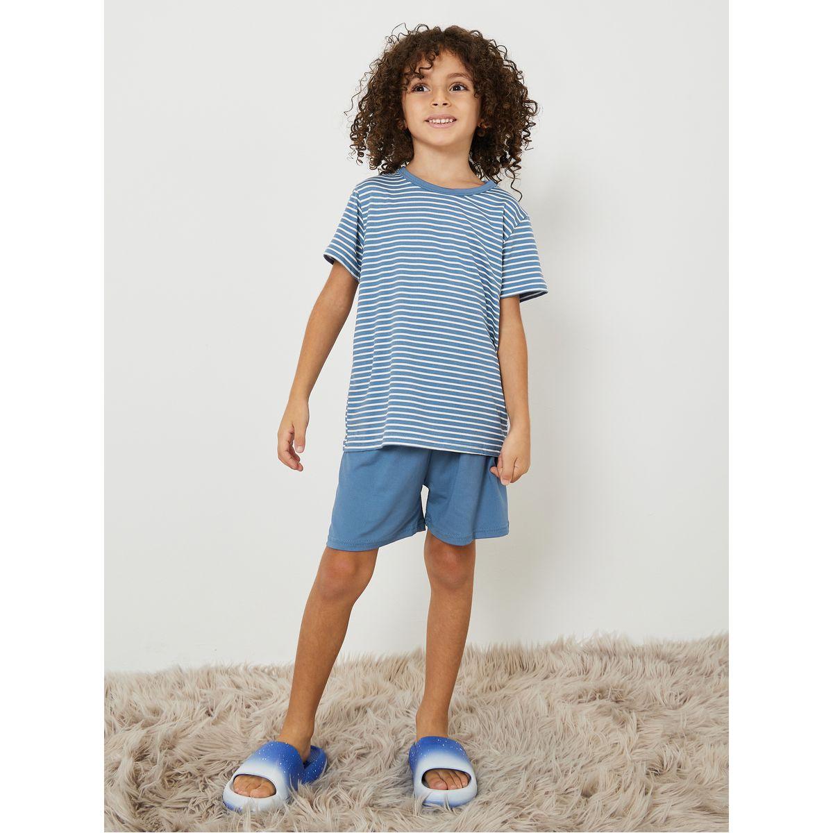 Styli Stripe Print T-Shirt & Shorts Set -boys-clothing-nightwear-image-2