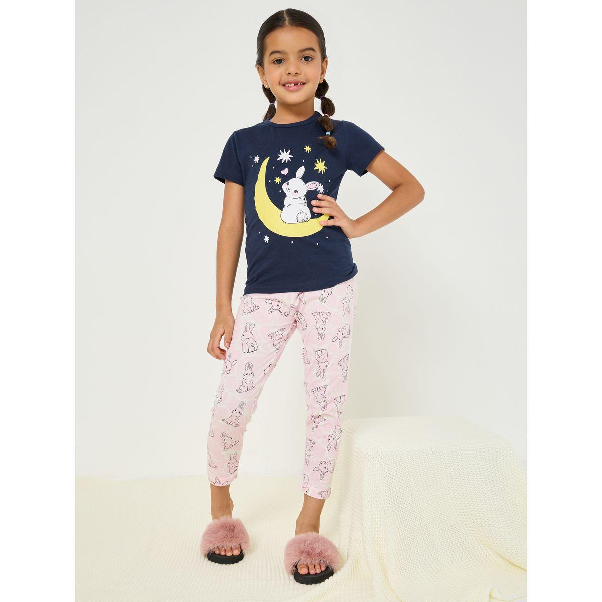 Styli Bunny Print T-Shirt & Pyjama Set-girls-clothing-nightwear-image-2
