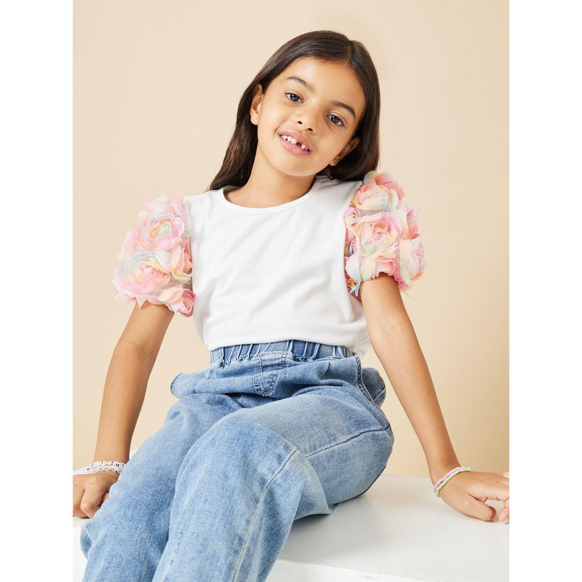 Styli Floral Applique Puff Sleeve Top-girls-clothing-tshirts-image-1