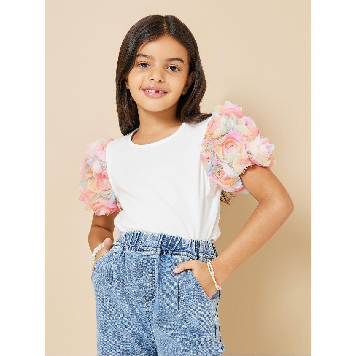 Styli Floral Applique Puff Sleeve Top-girls-clothing-tshirts-image-3