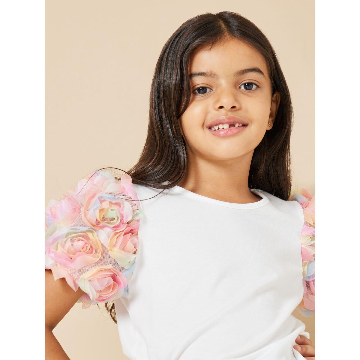 Styli Floral Applique Puff Sleeve Top-girls-clothing-tshirts-image-5
