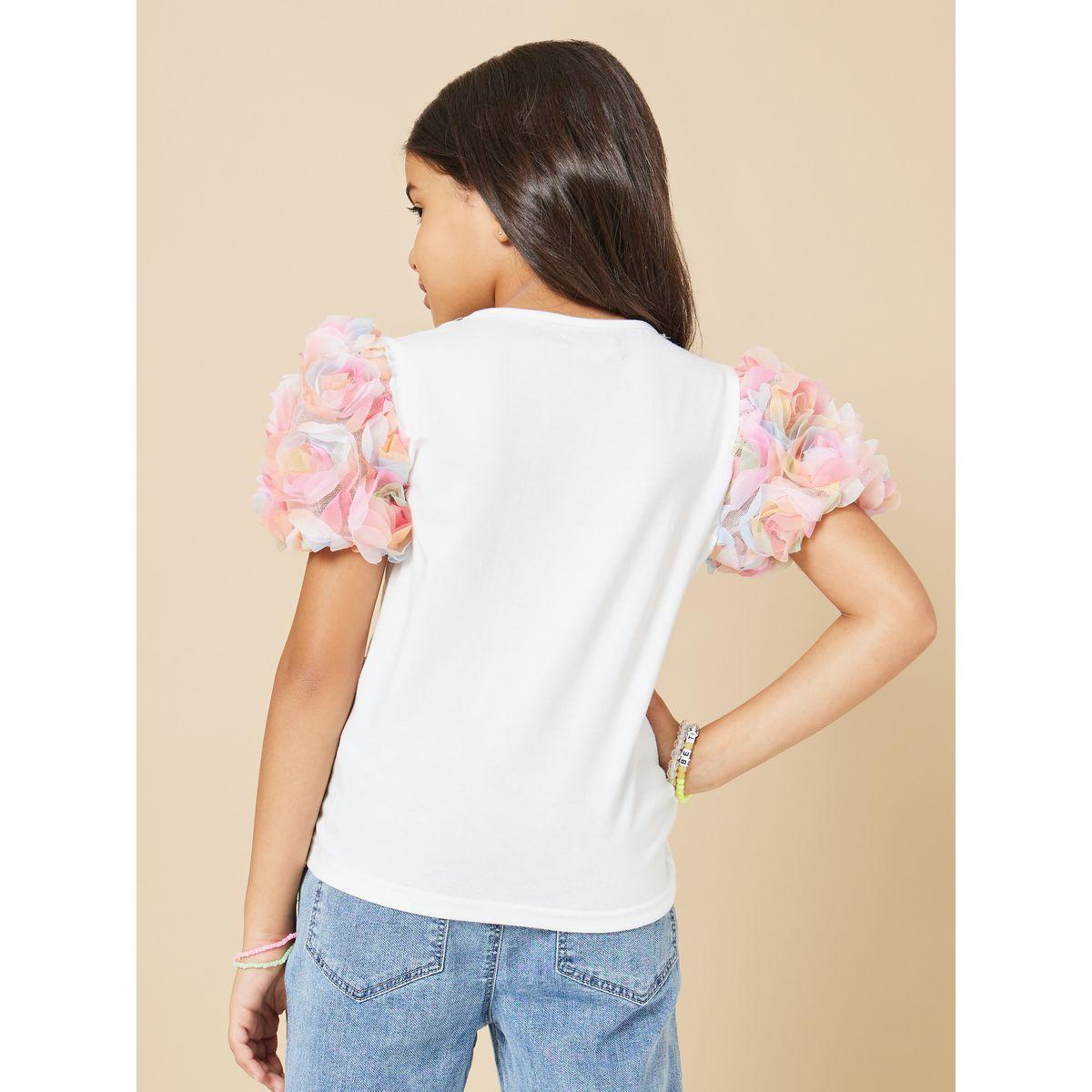 Styli Floral Applique Puff Sleeve Top-girls-clothing-tshirts-image-6
