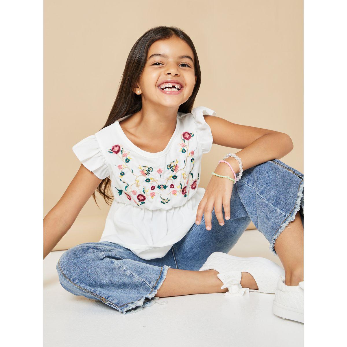 Styli Floral Embroidered Ruffle Trim Peplum Blouse-girls-clothing-blousesandshirts-image-1
