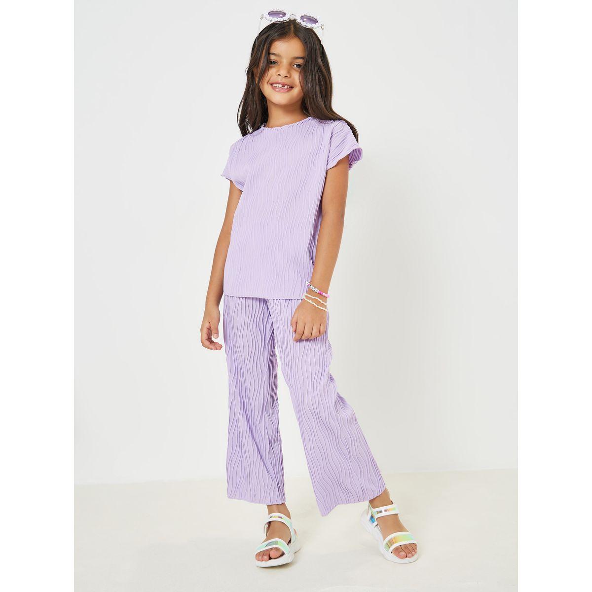 Styli Solid Textured Top & Bow Front Pants Set-girls-clothing-setsandcoords-image-1