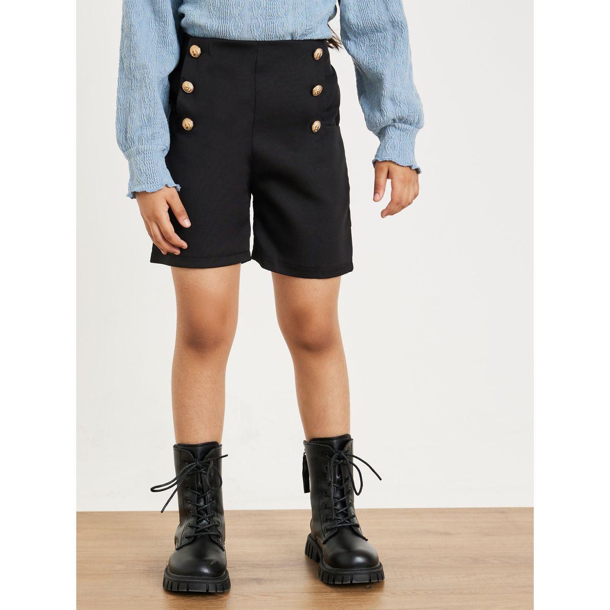 Styli Solid Button Detail High Waisted Shorts-girls-clothing-bottoms-shorts-image-1