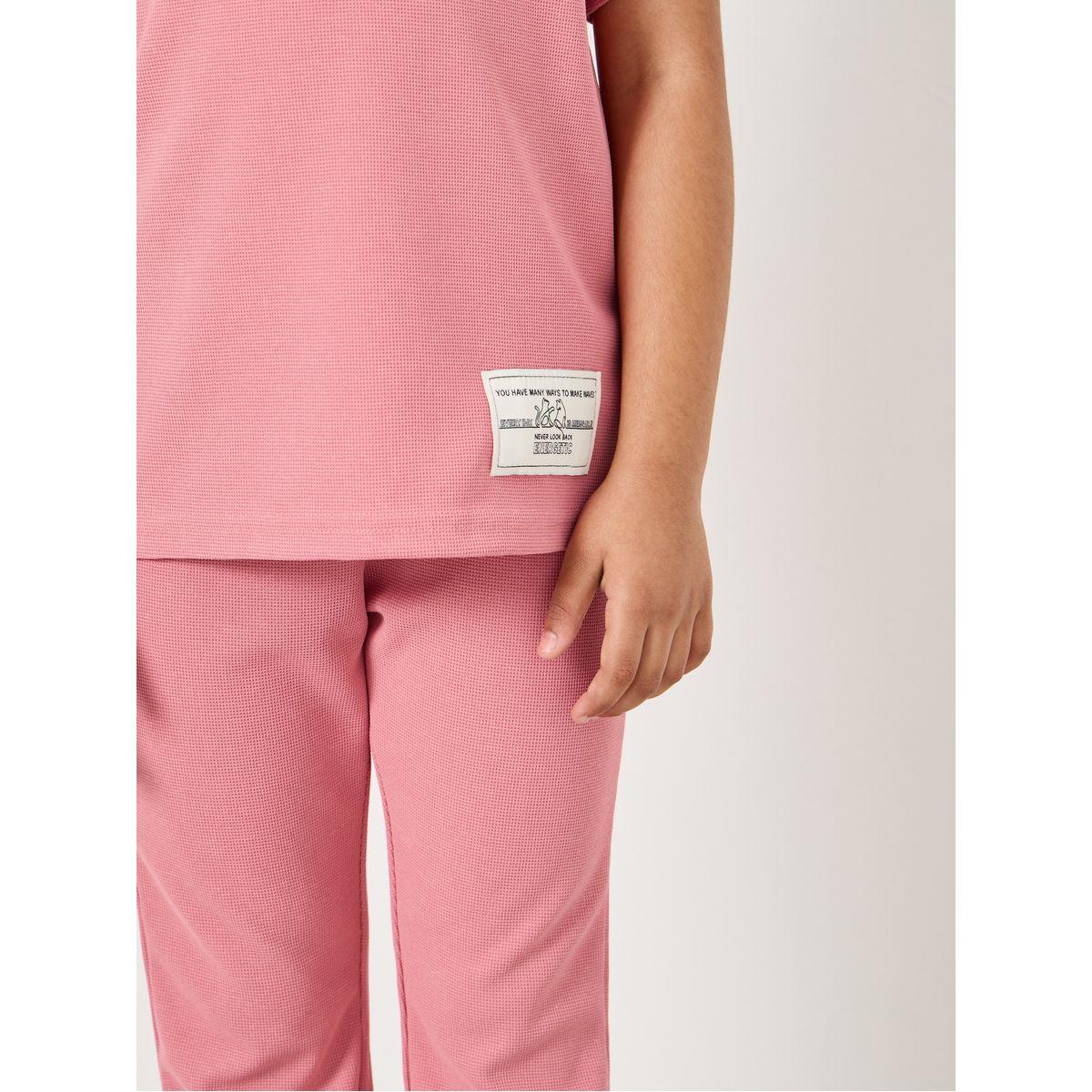 Styli Slogan Patch Detail Drop Shoulder T-shirt & Flared Pants Set-girls-clothing-setsandcoords-image-3