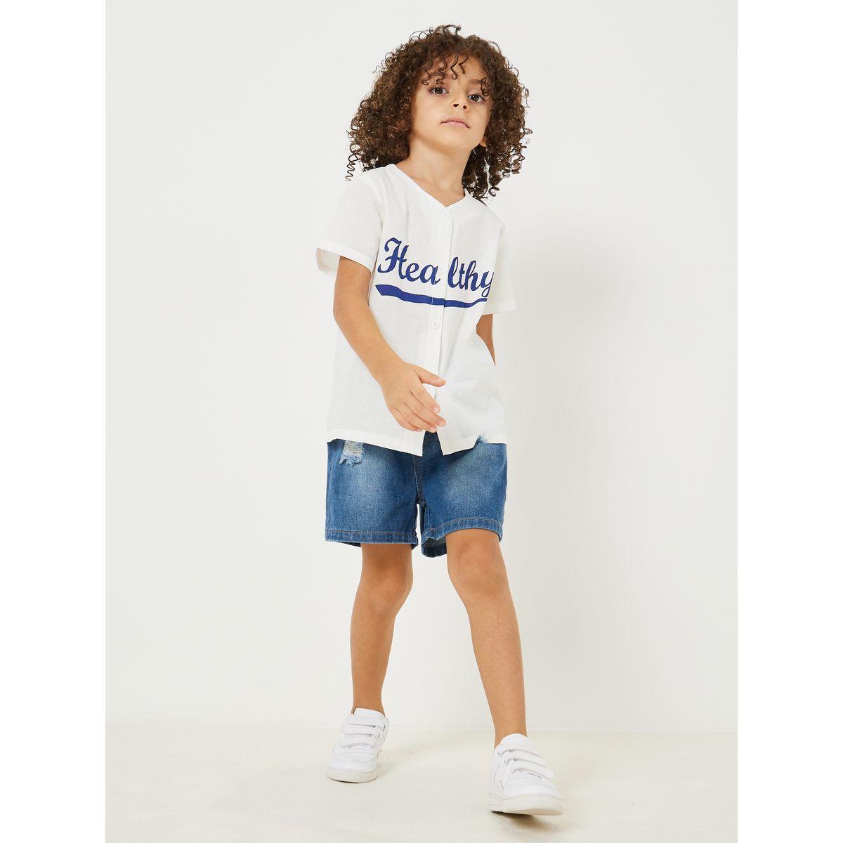 Styli Slogan Button Front Top & Denim Shorts Set-boys-clothing-setsandcoords-image-1