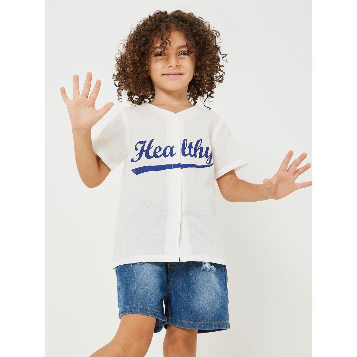 Styli Slogan Button Front Top & Denim Shorts Set-boys-clothing-setsandcoords-image-2