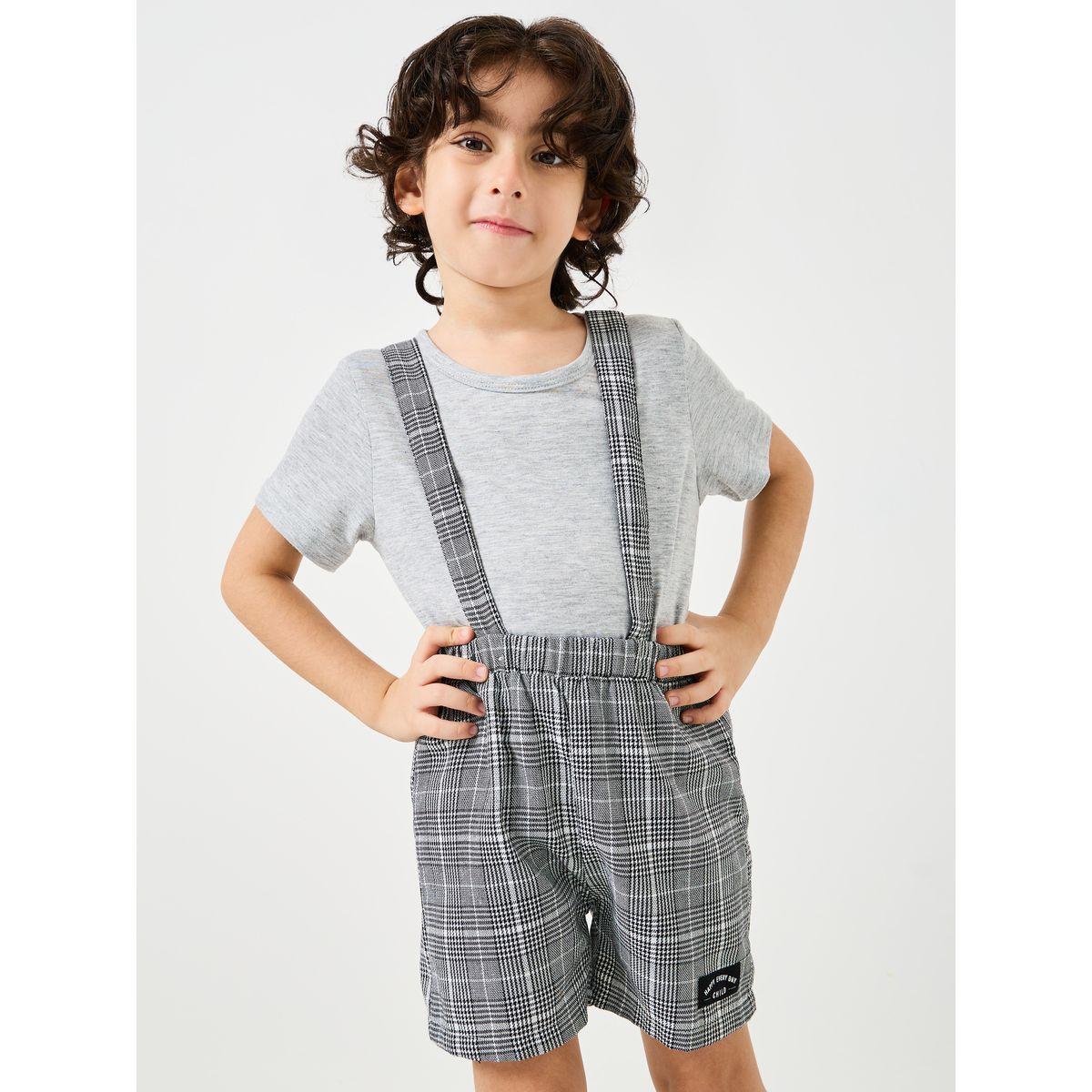 Styli Solid T-shirt and Plaid Print Shorts with Suspender-boys-clothing-setsandcoords-image-2