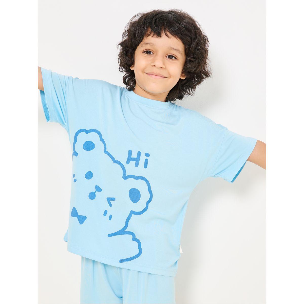 Styli Bear Graphic T-Shirt & Shorts Set-boys-clothing-nightwear-image-2