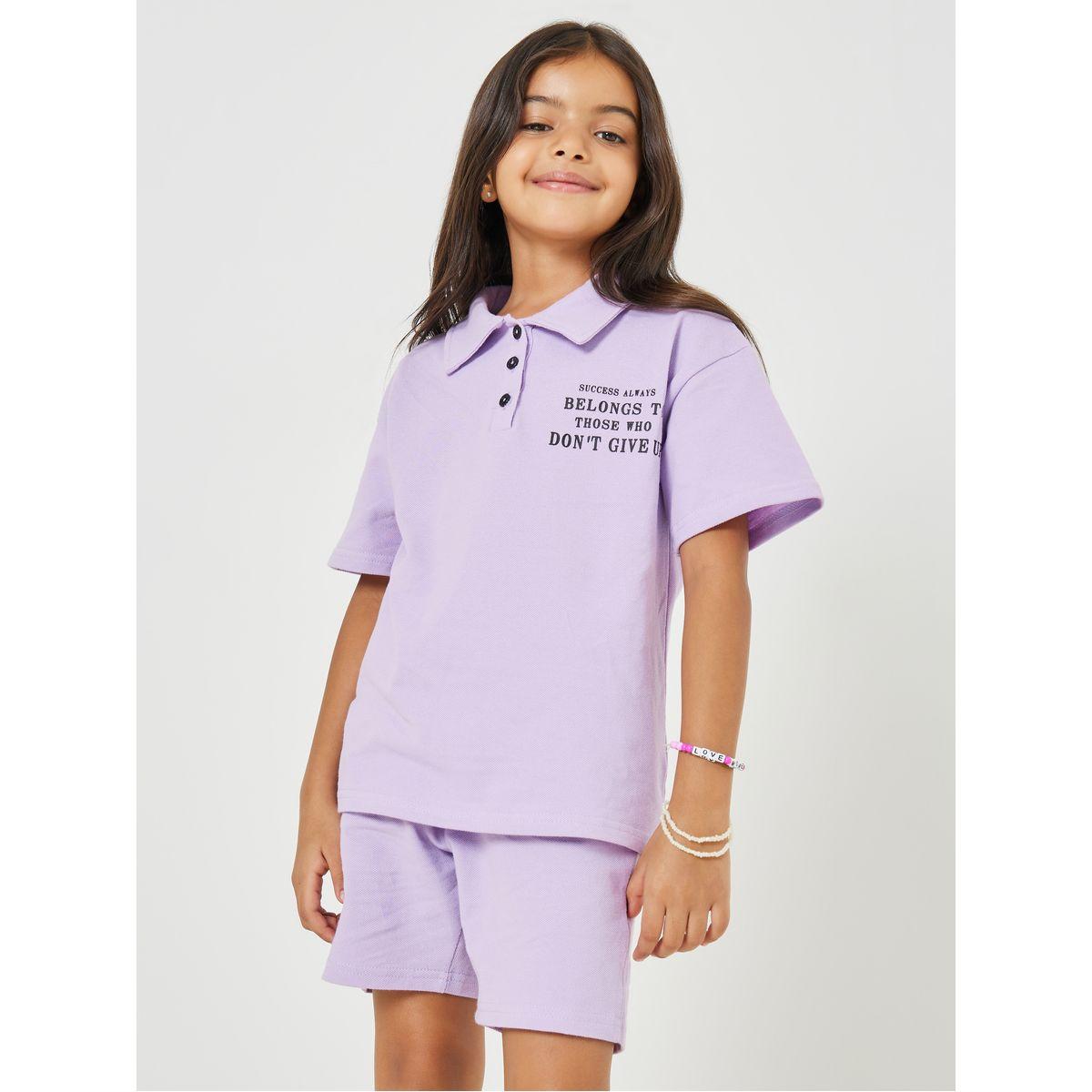 Styli Slogan Print Cotton Polo T-Shirt & Shorts Set-girls-clothing-setsandcoords-image-2