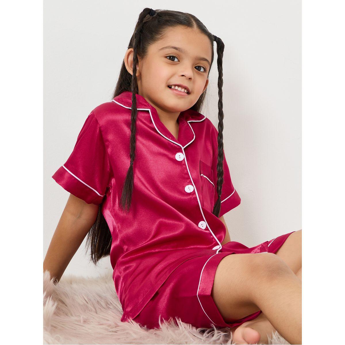 Styli Contrast Piped Satin Shirt & Shorts Set-girls-clothing-nightwear-image-1