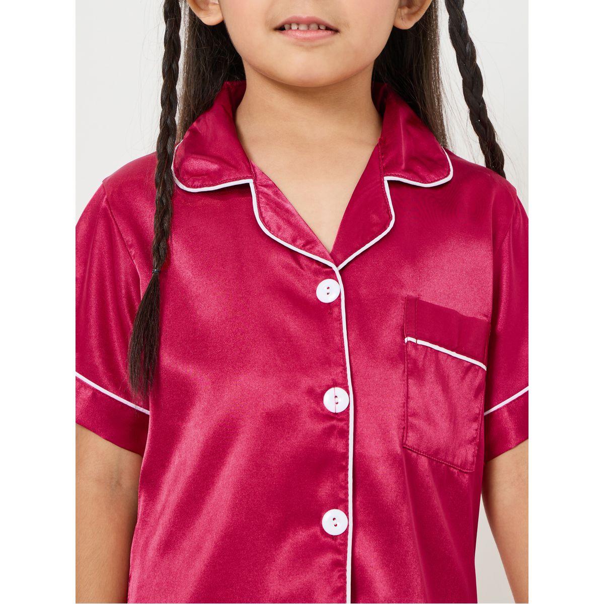 Styli Contrast Piped Satin Shirt & Shorts Set-girls-clothing-nightwear-image-4