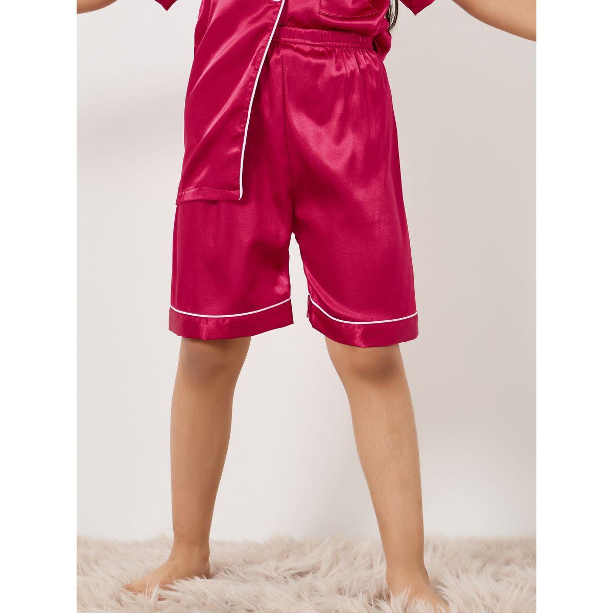 Styli Contrast Piped Satin Shirt & Shorts Set-girls-clothing-nightwear-image-5