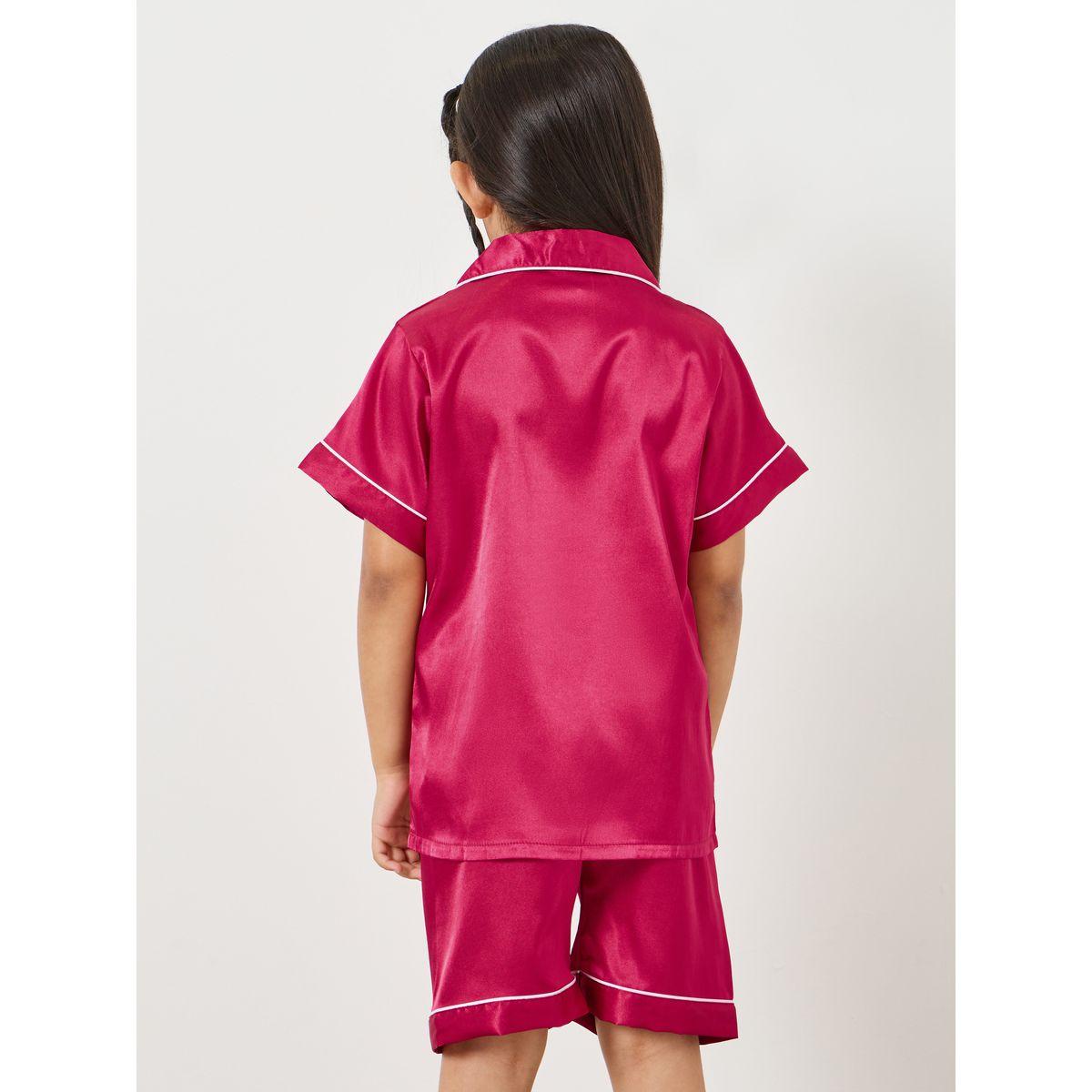 Styli Contrast Piped Satin Shirt & Shorts Set-girls-clothing-nightwear-image-6
