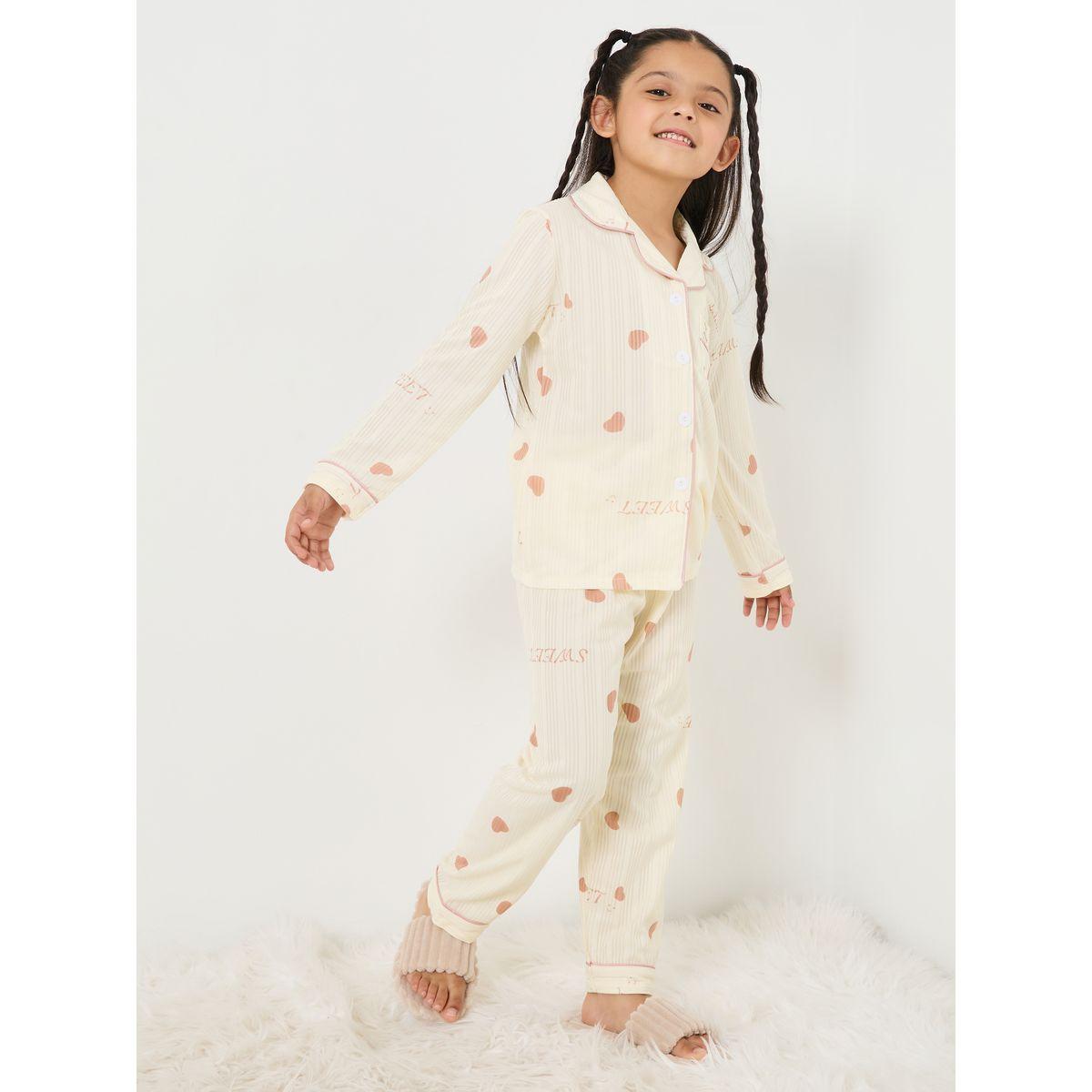 Styli Heart Print Contrast Piping Shirt & Pyjama Set-girls-clothing-nightwear-image-1