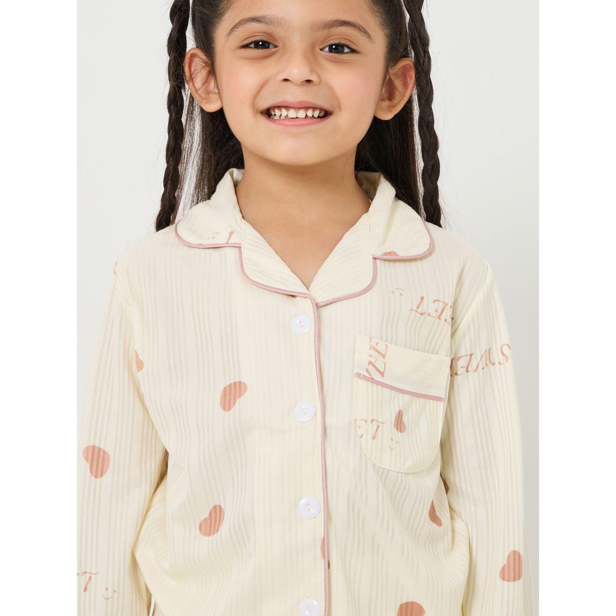 Styli Heart Print Contrast Piping Shirt & Pyjama Set-girls-clothing-nightwear-image-3