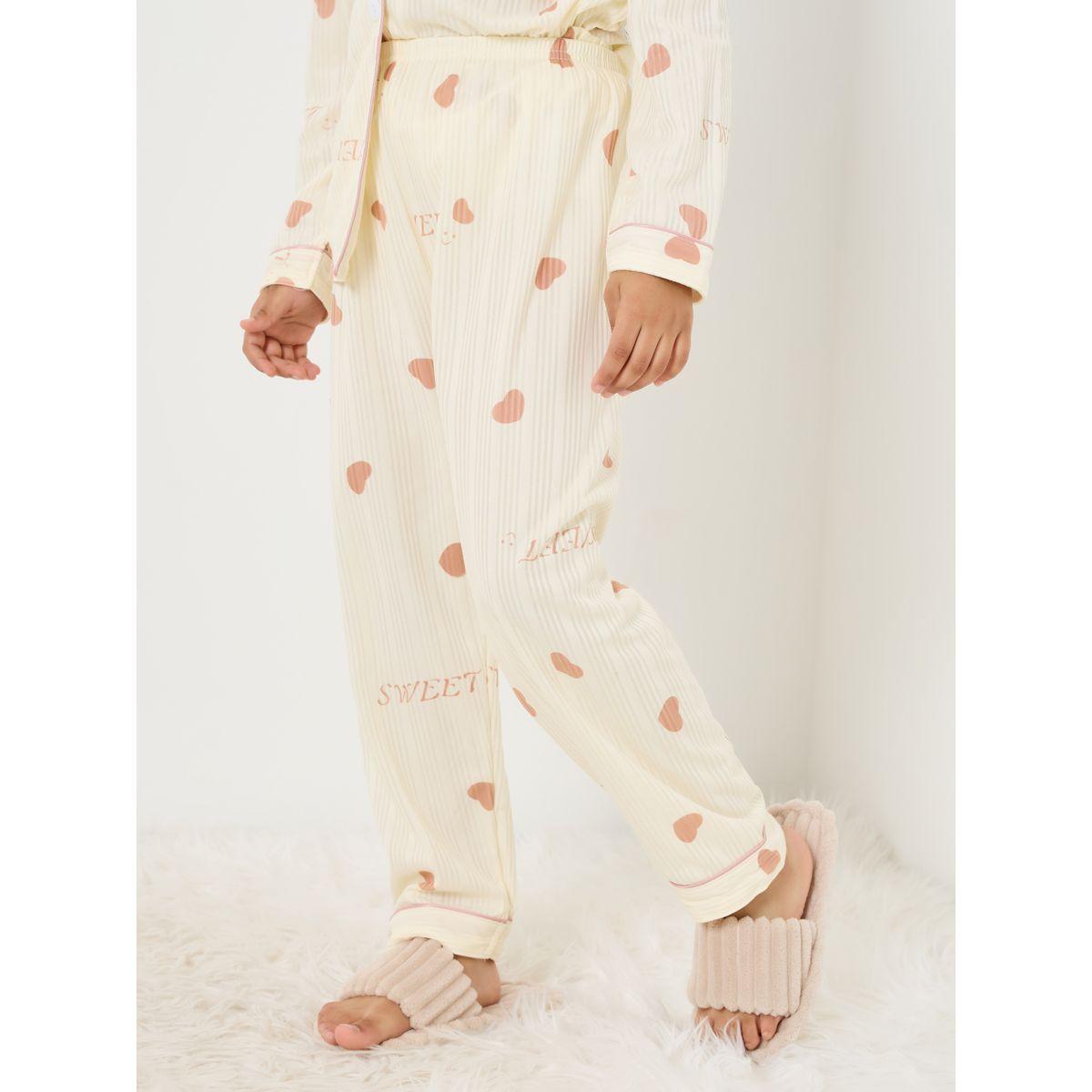 Styli Heart Print Contrast Piping Shirt & Pyjama Set-girls-clothing-nightwear-image-4