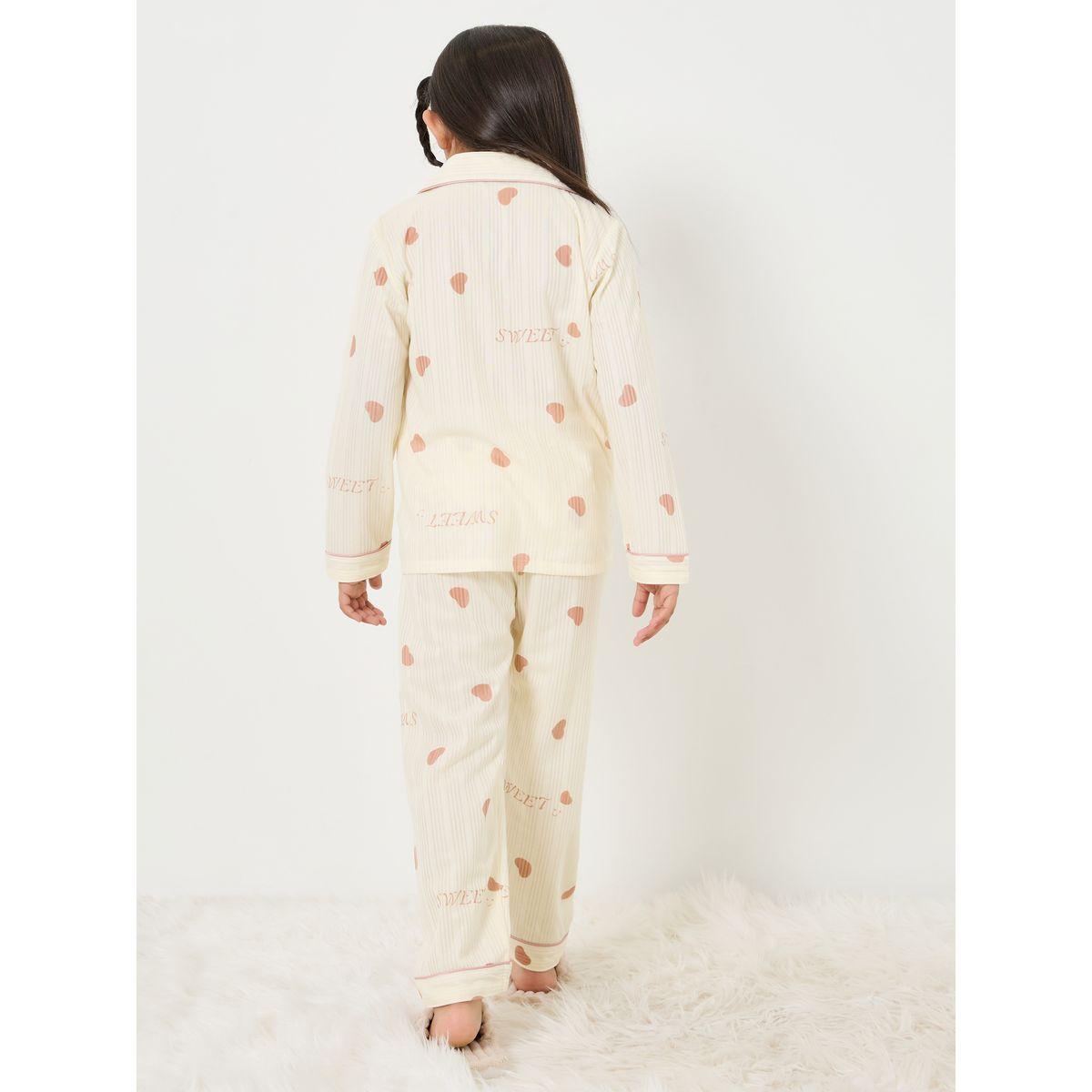 Styli Heart Print Contrast Piping Shirt & Pyjama Set-girls-clothing-nightwear-image-5