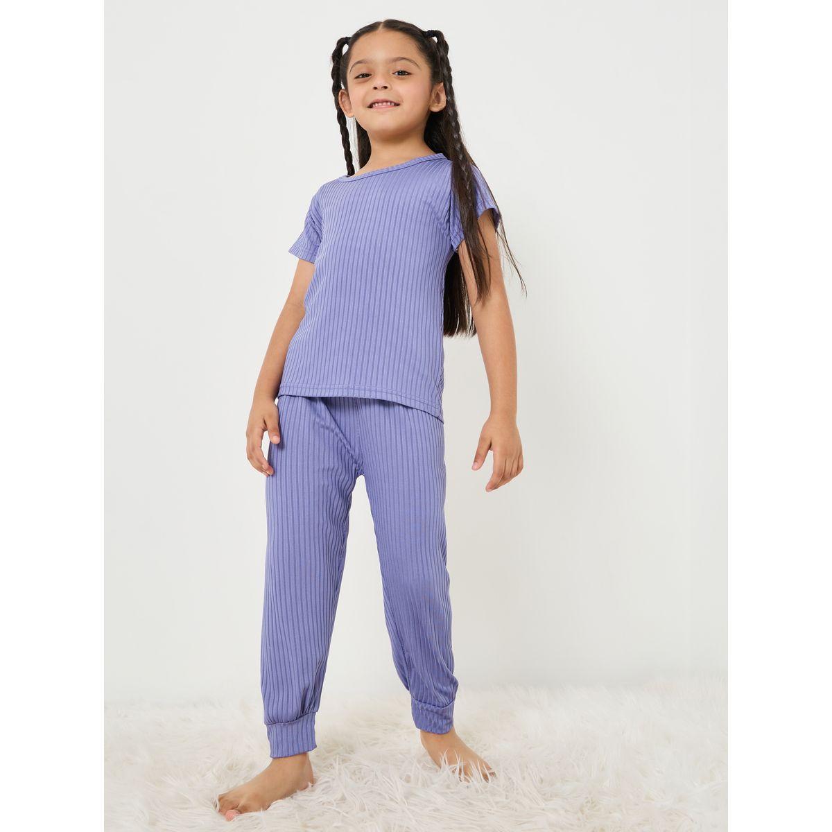 Styli Solid Ribbed Knit T-shirt & Pyjama Set-girls-clothing-nightwear-image-1