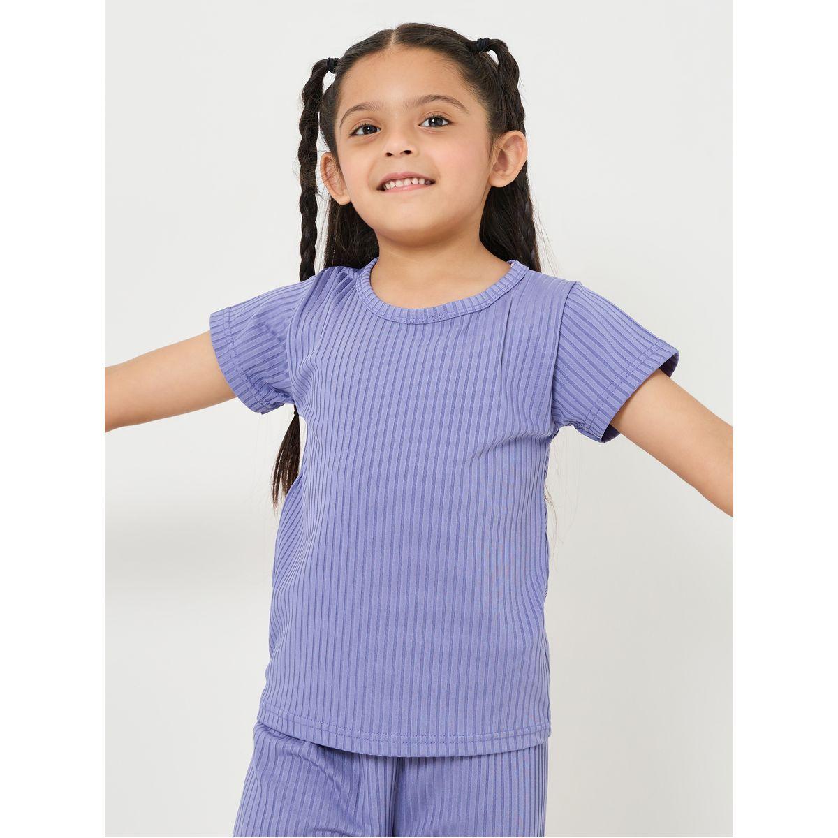 Styli Solid Ribbed Knit T-shirt & Pyjama Set-girls-clothing-nightwear-image-3
