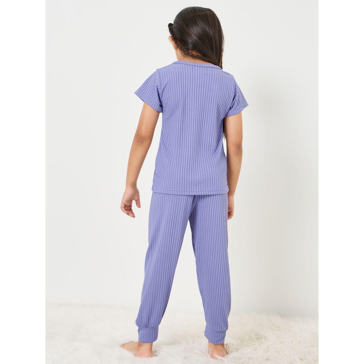 Styli Solid Ribbed Knit T-shirt & Pyjama Set-girls-clothing-nightwear-image-5