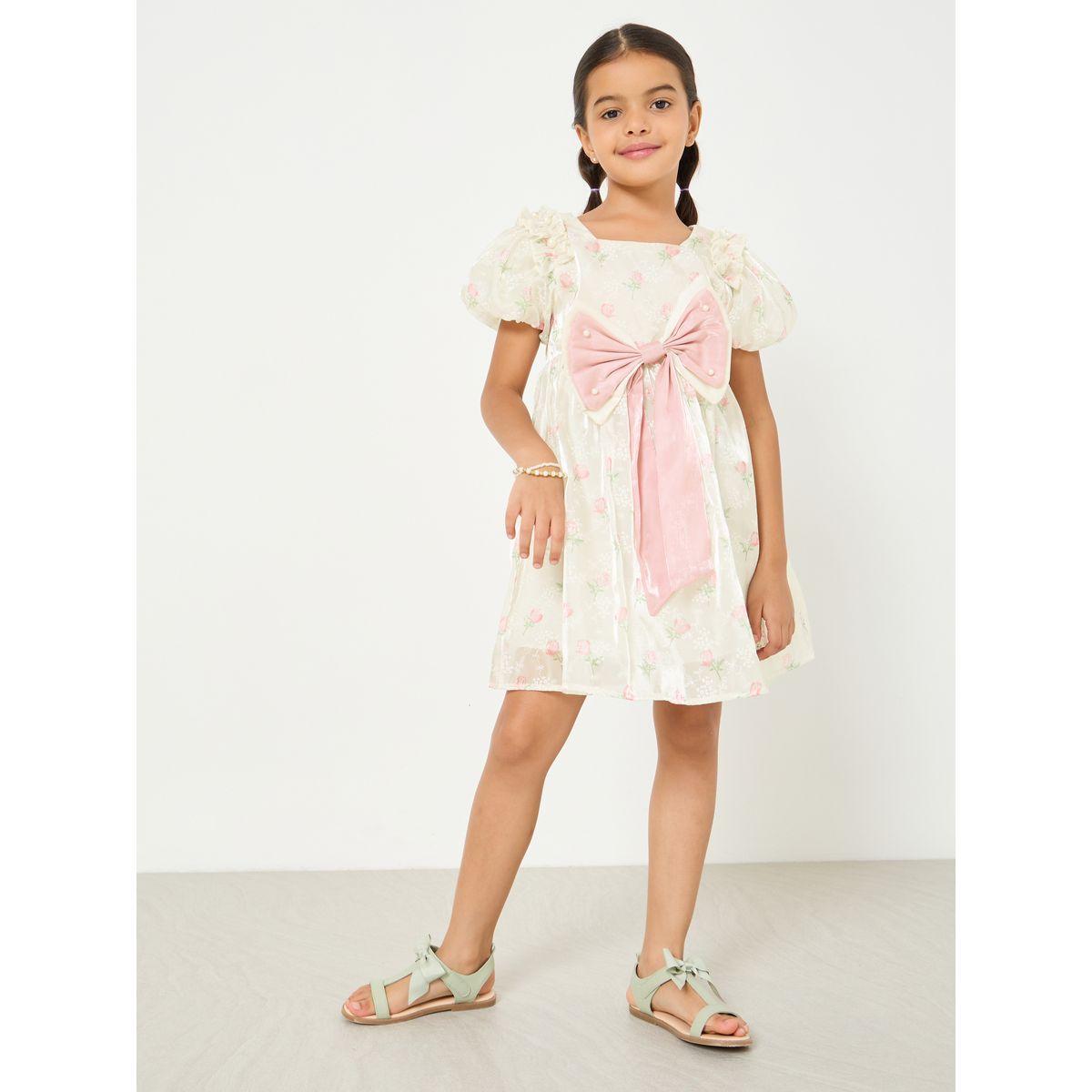 Styli Floral Print Puff Sleeve Bow Back Organza Dress-girls-clothing-dressesandjumpsuits-image-1