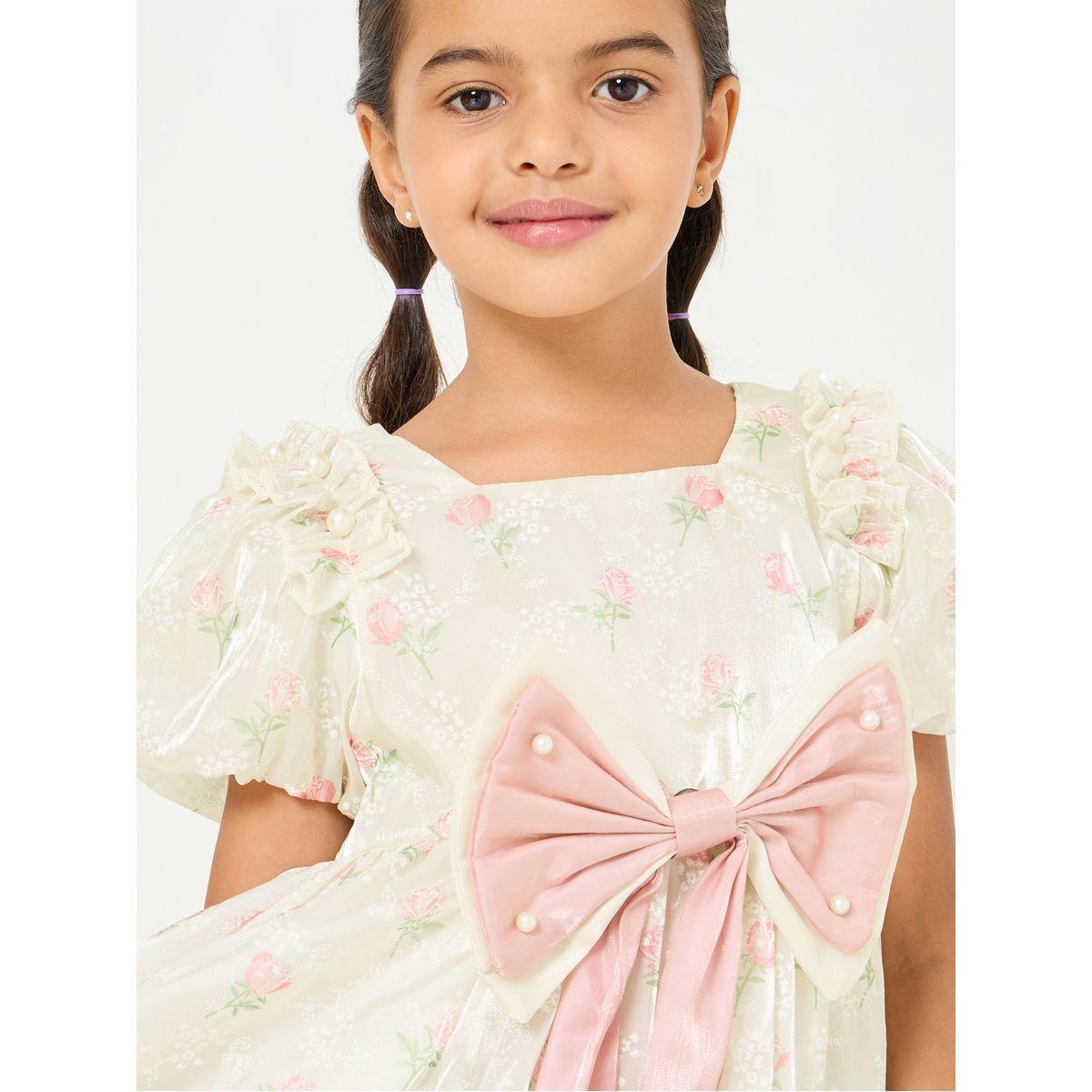 Styli Floral Print Puff Sleeve Bow Back Organza Dress-girls-clothing-dressesandjumpsuits-image-3