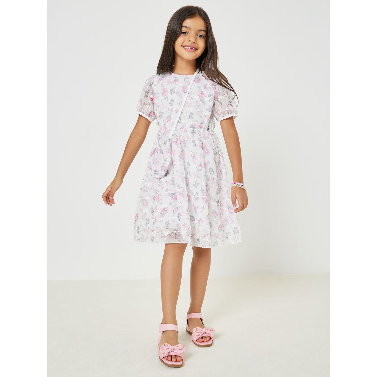Styli Floral Print Lace Patched Dress with Bag-girls-clothing-dressesandjumpsuits-image-1