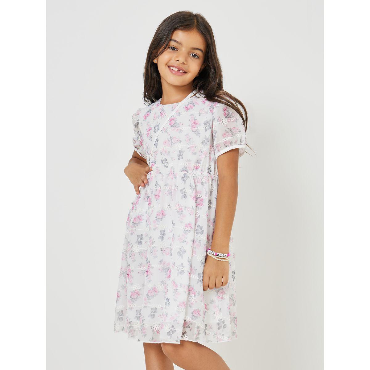 Styli Floral Print Lace Patched Dress with Bag-girls-clothing-dressesandjumpsuits-image-2
