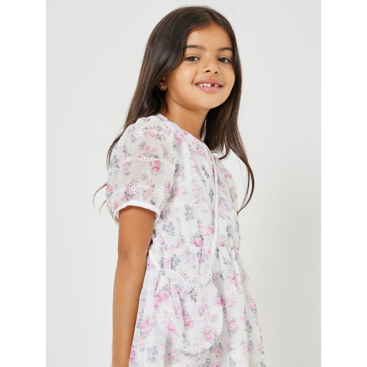 Styli Floral Print Lace Patched Dress with Bag-girls-clothing-dressesandjumpsuits-image-3