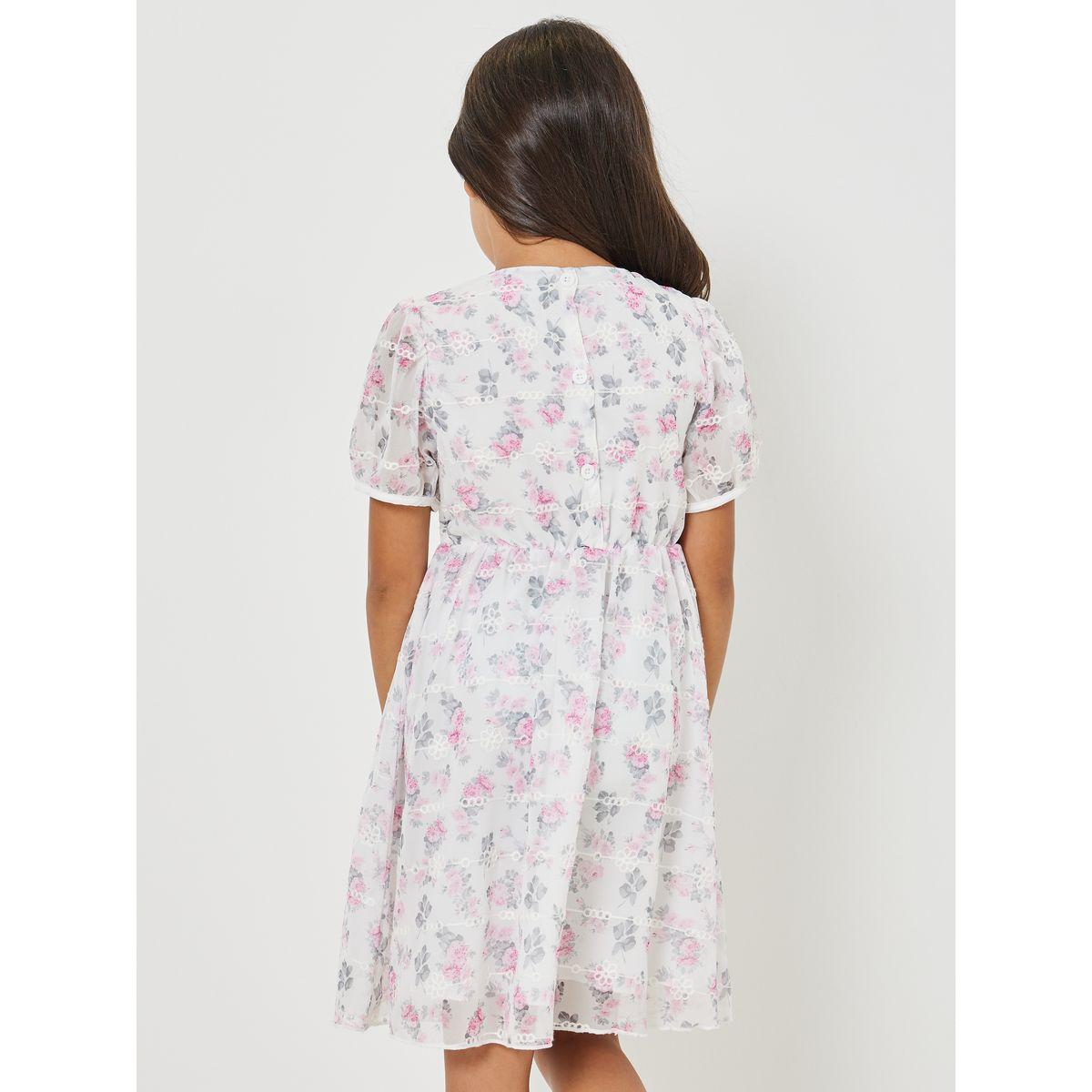 Styli Floral Print Lace Patched Dress with Bag-girls-clothing-dressesandjumpsuits-image-4