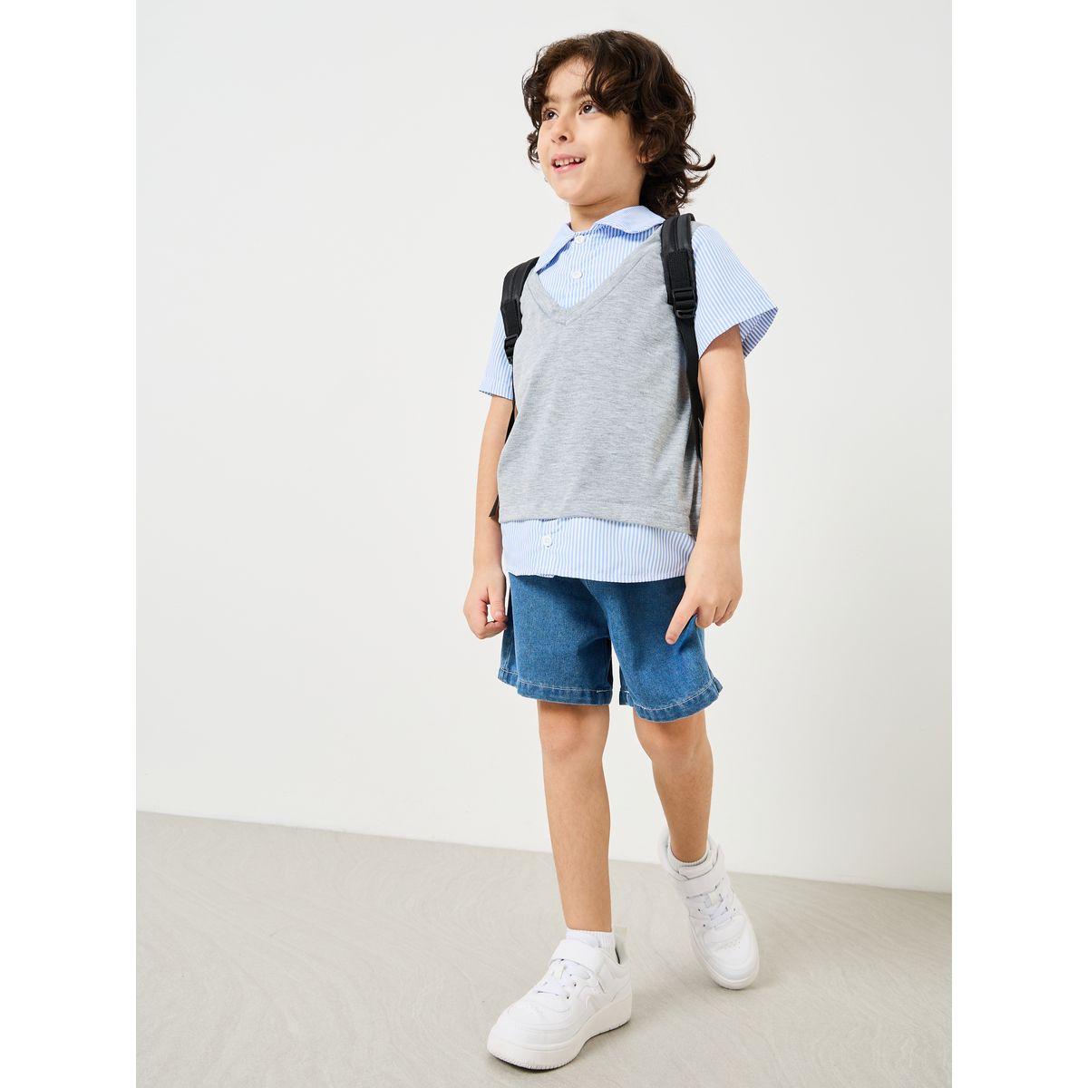 Styli Vest T-shirt attached with Striped Shirts and Short Set-boys-clothing-setsandcoords-image-1