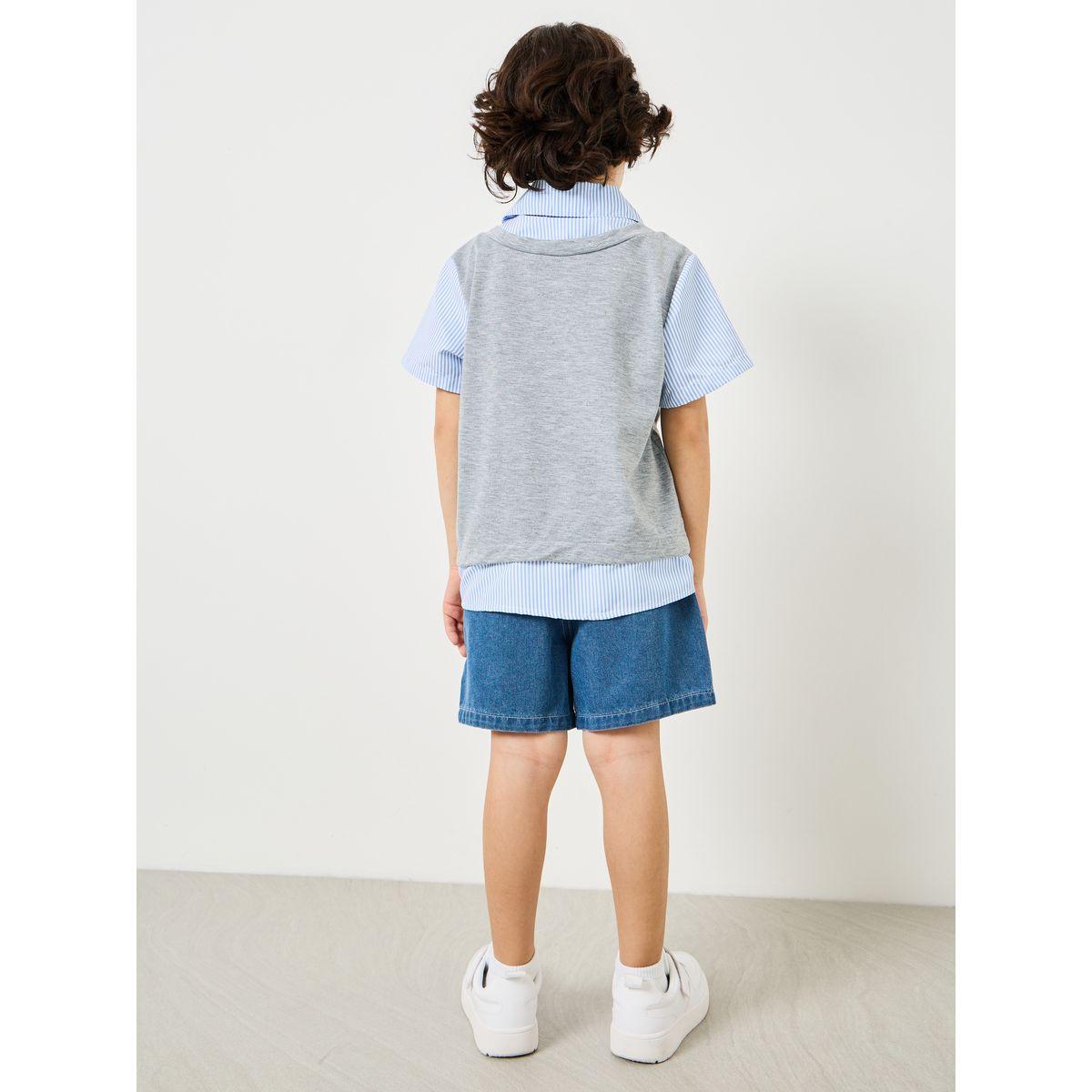 Styli Vest T-shirt attached with Striped Shirts and Short Set-boys-clothing-setsandcoords-image-5