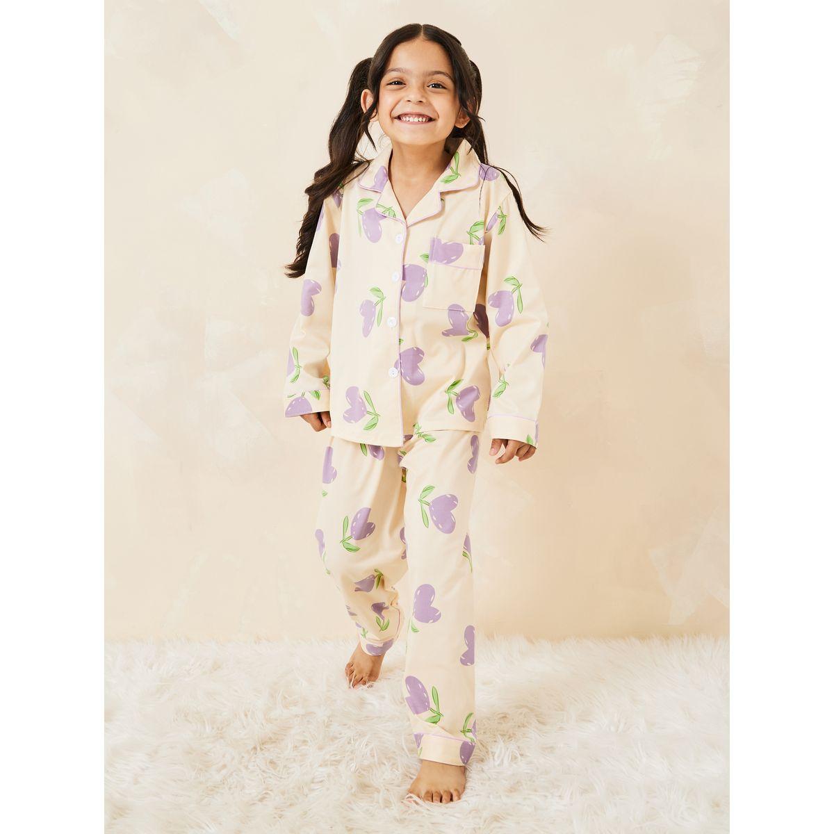 Styli Heart Leaf Print Shirt & Pyjama Set-girls-clothing-nightwear-image-1