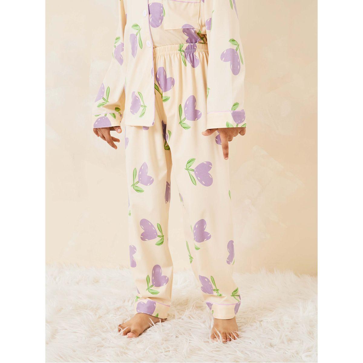 Styli Heart Leaf Print Shirt & Pyjama Set-girls-clothing-nightwear-image-3