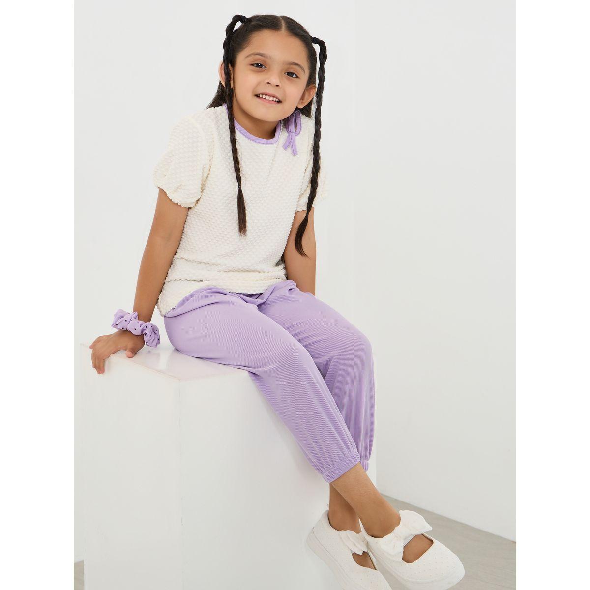Styli Textured Puff Sleeve Top and Joggers Set-girls-clothing-setsandcoords-image-1