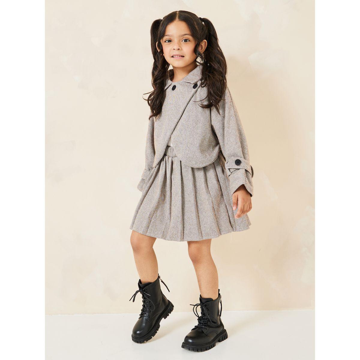 Styli Collared Wrap Cape Overcoat & Pleated Skirt Set-girls-clothing-setsandcoords-image-1