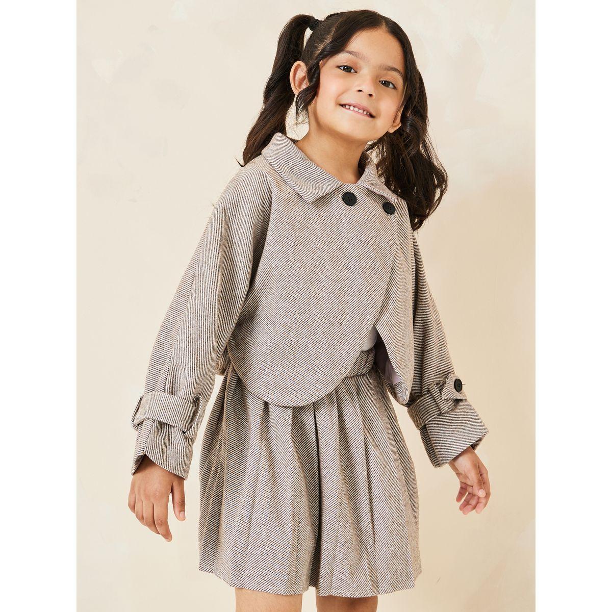 Styli Collared Wrap Cape Overcoat & Pleated Skirt Set-girls-clothing-setsandcoords-image-2